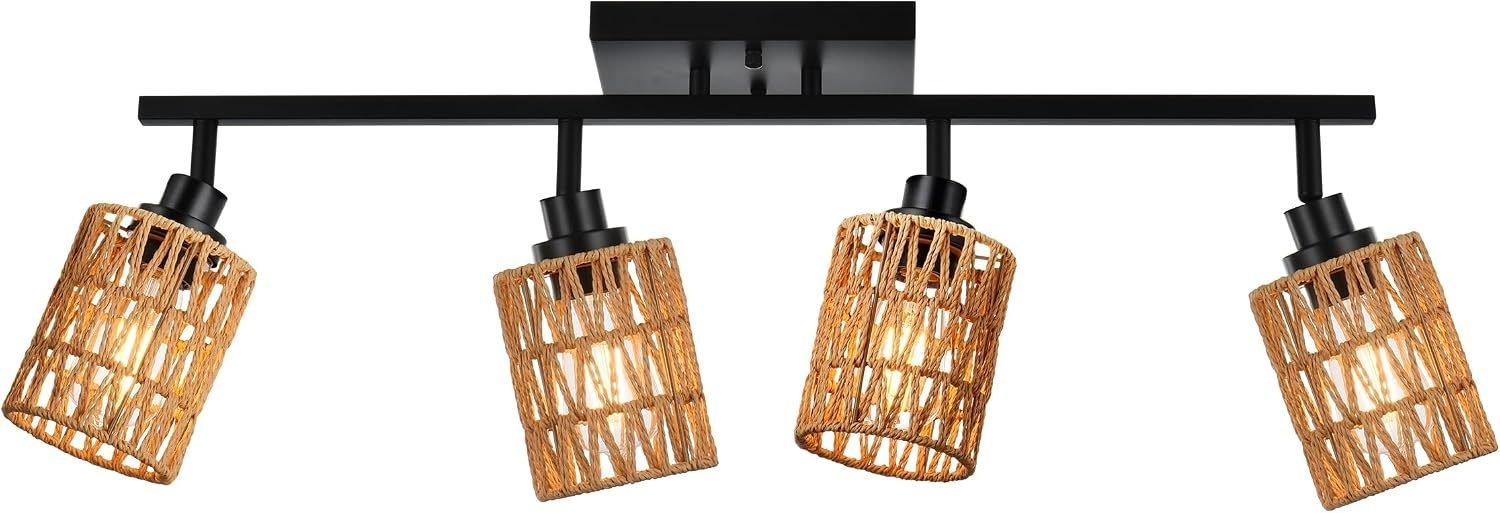 MELUCEE 4 Light Track Lighting Kit Farmhouse Bathroom Light Fixtures Black Ceiling Spotlight Fixture with Rattan Lamp Shade for Hallway Porch Foyer Bath Storage