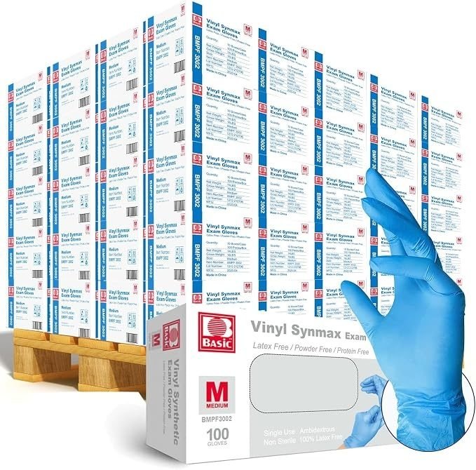 Jointown Basic Synmax Vinyl Exam Gloves Disposable Exam Gloves, 4 Mil, Blue, Latex & Powder Free, BMPF-3002