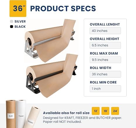 DIY Crew 36 Inch Paper Roll Dispenser and Cutter - Heavy-Duty Wall Mountable, Non Slip Tabletop - Kraft, Freezer, Butcher Paper - Up to 1000ft Rolls