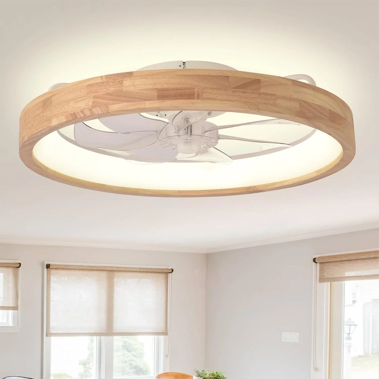 24'' Ceiling Fan with Light Fandelier Flush Mount Low Profile Wood Ceiling Fan with Dimmable LED Light 3 Color 6 Speeds
