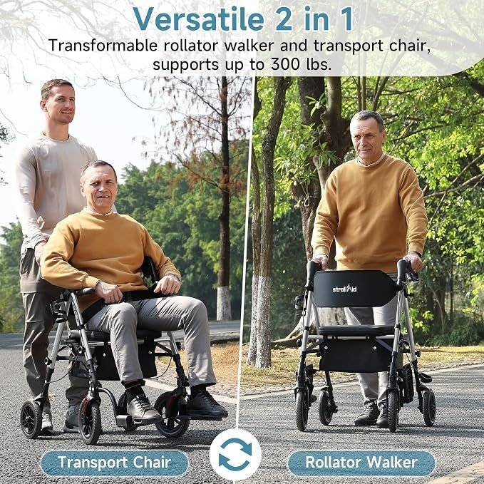 SUCCU Rollator Walkers for Seniors with Seat, 2-in-1 Walker Wheelchair Combo, Foldable Rolling Walker with Seat, Wheelchairs for Adults – 400 lbs Capacity, Adjustable Height