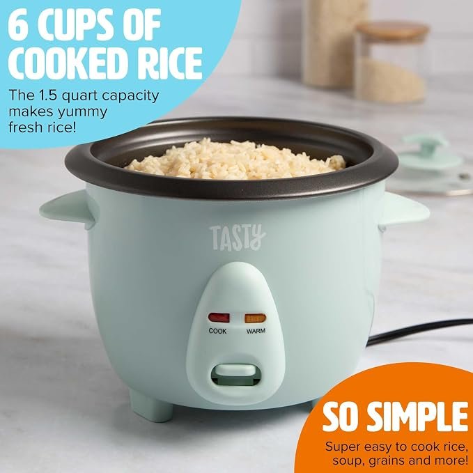 Tasty Mini Rice Cooker with Removable Nonstick Bowl and Auto Keep Warm Function, Great For Soups, Stews, Grains and Oats, 6 Cups Cooked (3 Cups Uncooked), 1.5-Quart, Aqua